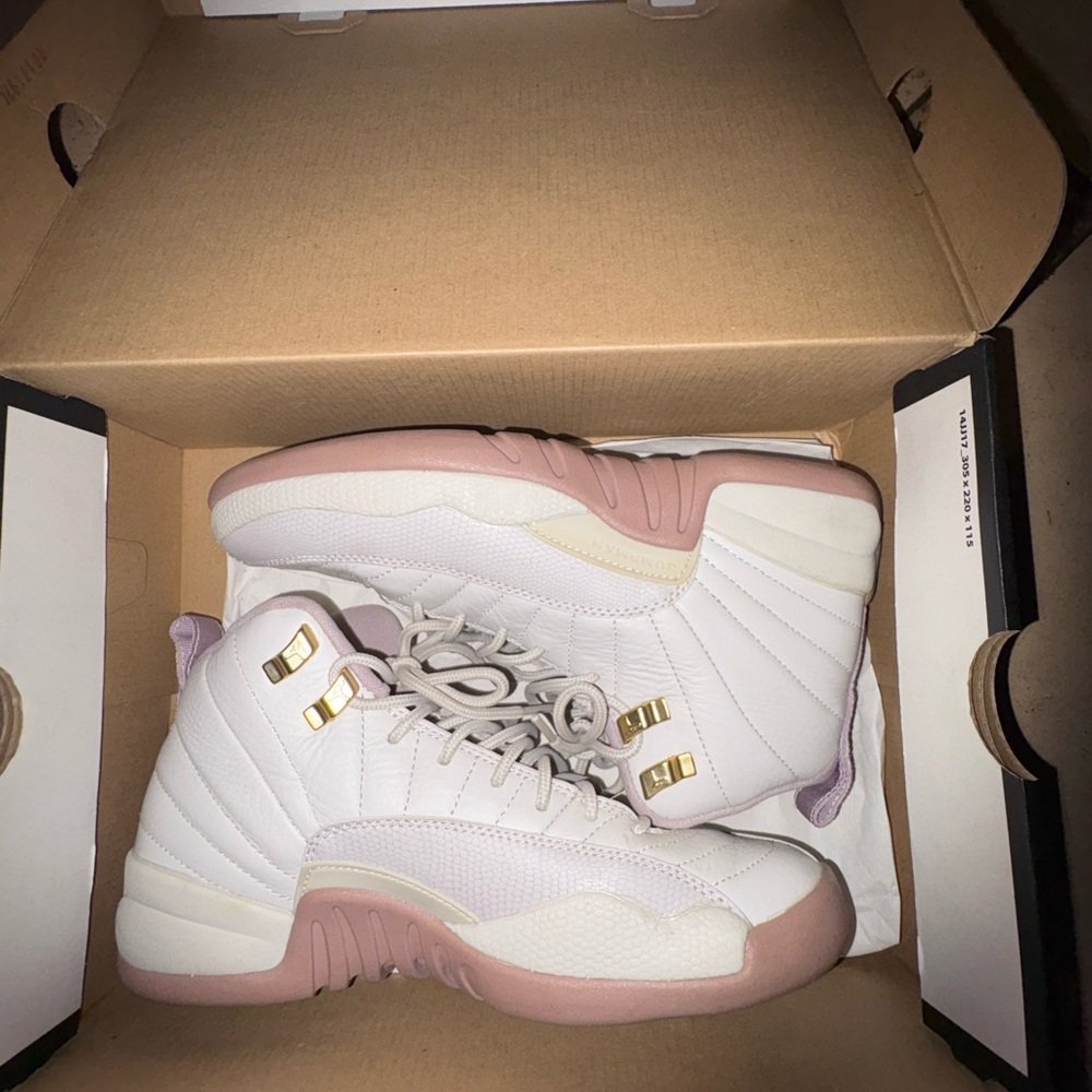 Women's White and Pink Jordan 12s (Size 7)